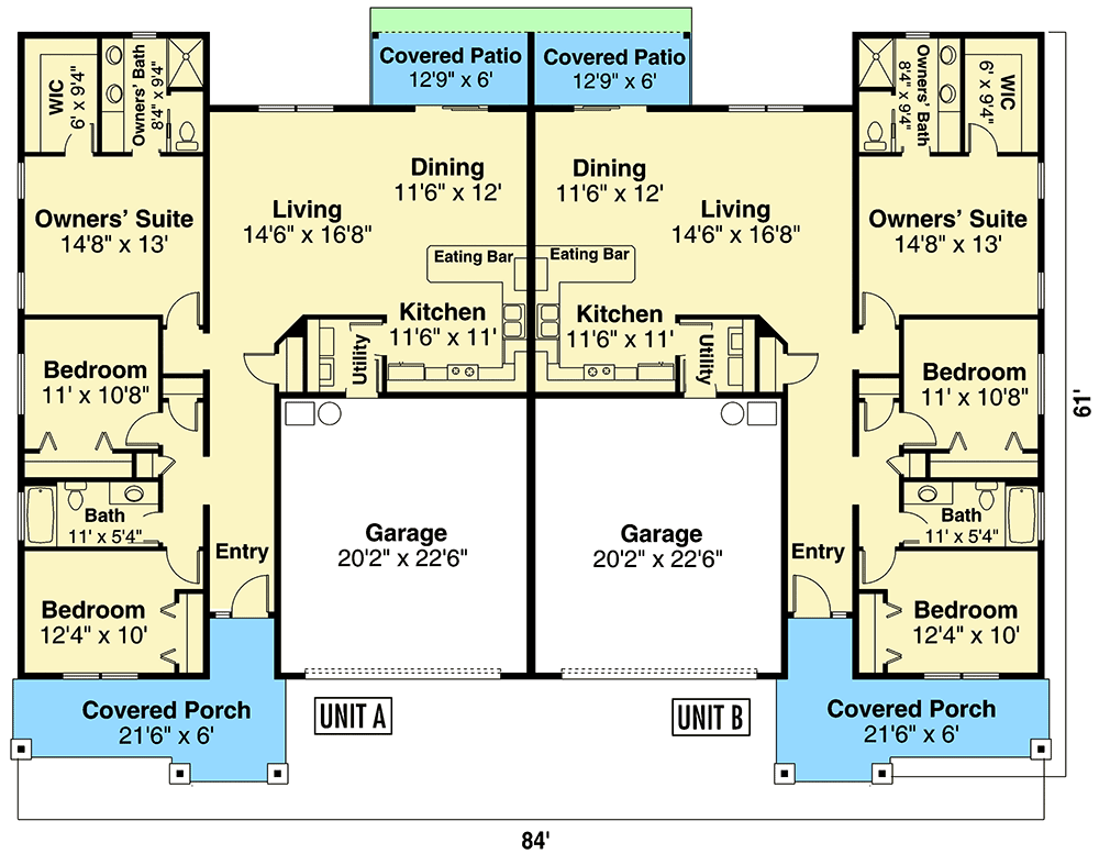 Plan 72965DA: Duplex Ranch Home Plan with Matching 3-Bed Units - Floor Plan - Main Level - Ranch