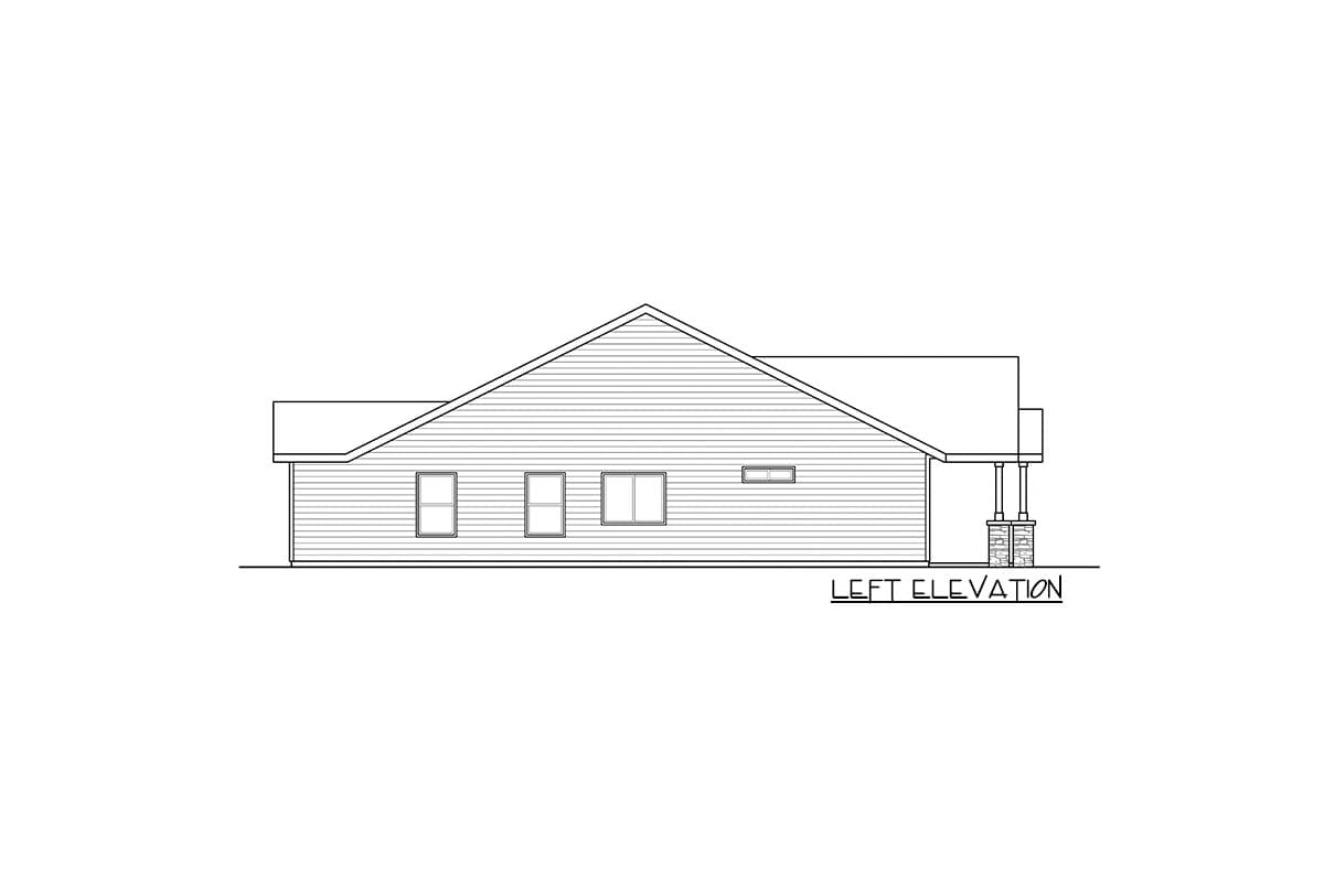 Left elevation drawing of a single-story house plan with a sloping roof, three windows, and a porch with stone-clad columns.