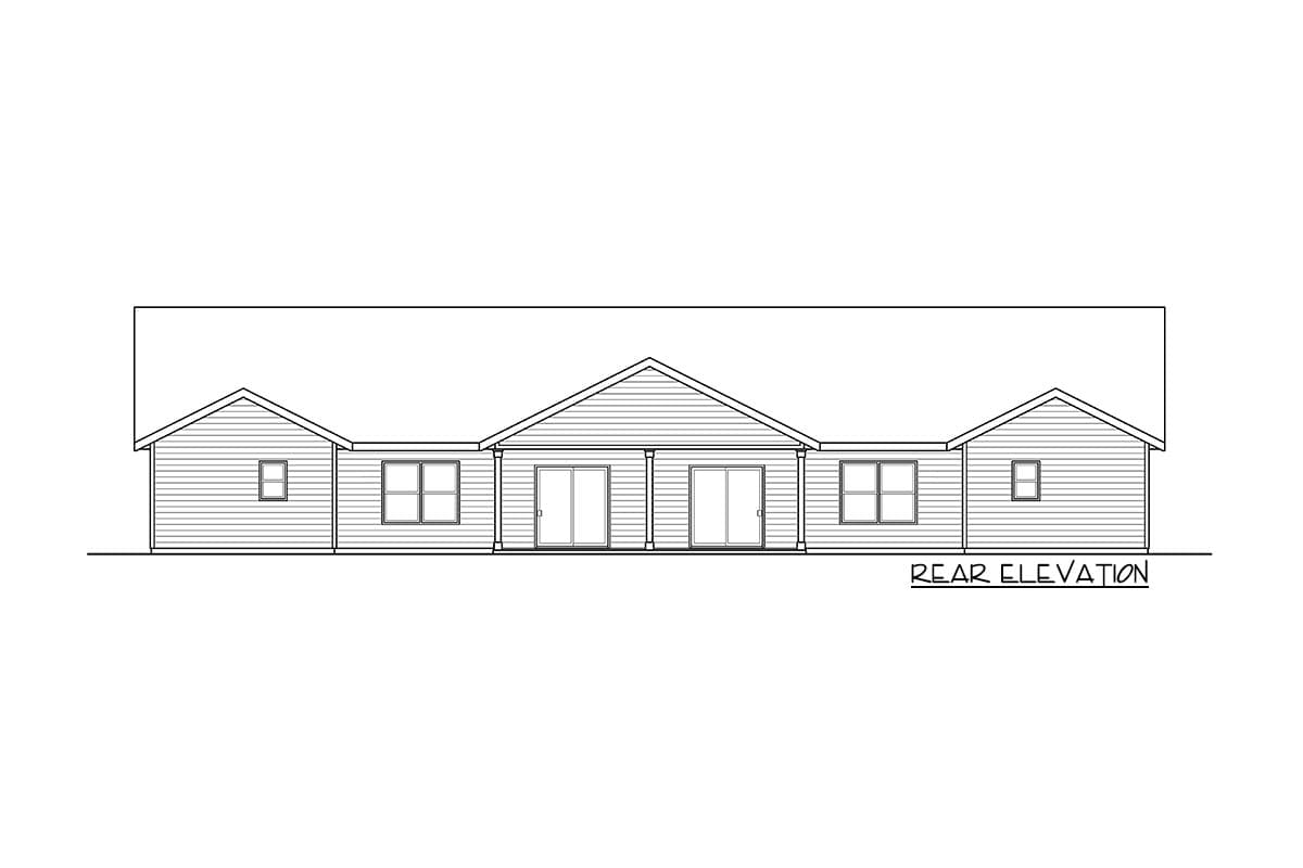 Rear elevation drawing of a one-story house with gabled roof, double doors, and four windows.