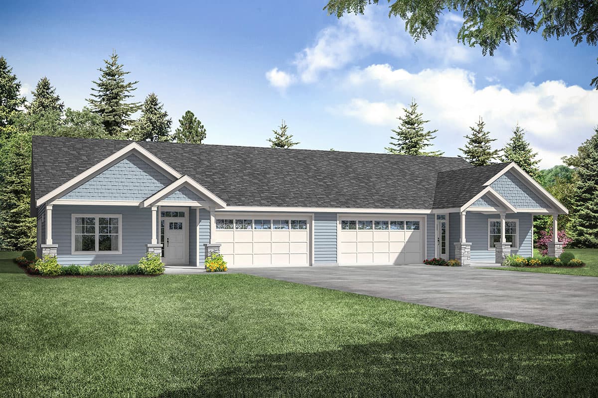 House plan exterior. Ranch style with multiple gables, covered porch, and a three-car garage. Light blue siding and dark gray roof.