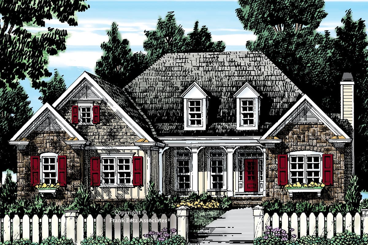 House plan exterior shows a two-story home with a gabled roof, dormers, stone and shingle siding, and a covered front porch.