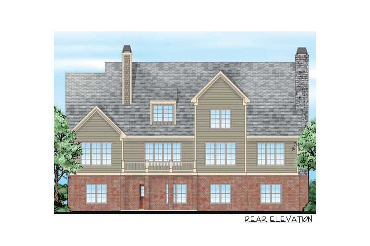 Rear elevation of a two-story house plan with brick base, siding, multiple gables, dormers, and two chimneys.