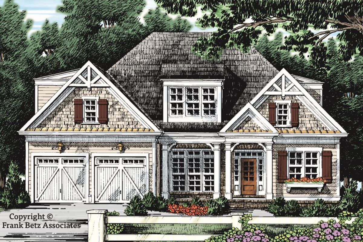 House plan exterior with Craftsman style, two stories, front-facing gables, dormers, and a covered porch. A two-car garage is visible.