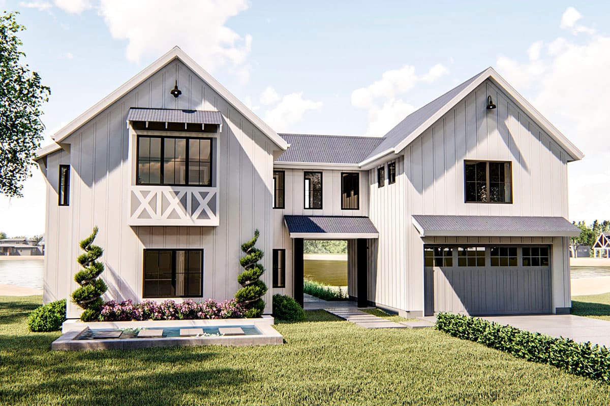 House plan exterior. Two-story Modern Farmhouse with gabled rooflines, a covered entry, and a side-entry garage.