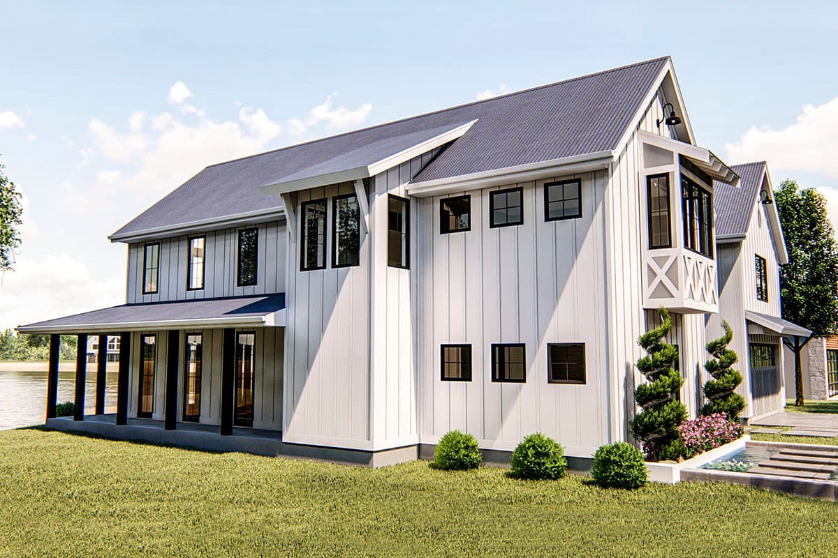 Modern farmhouse house plan exterior: two-story, board and batten siding, metal roof, wraparound porch, and prominent gables.