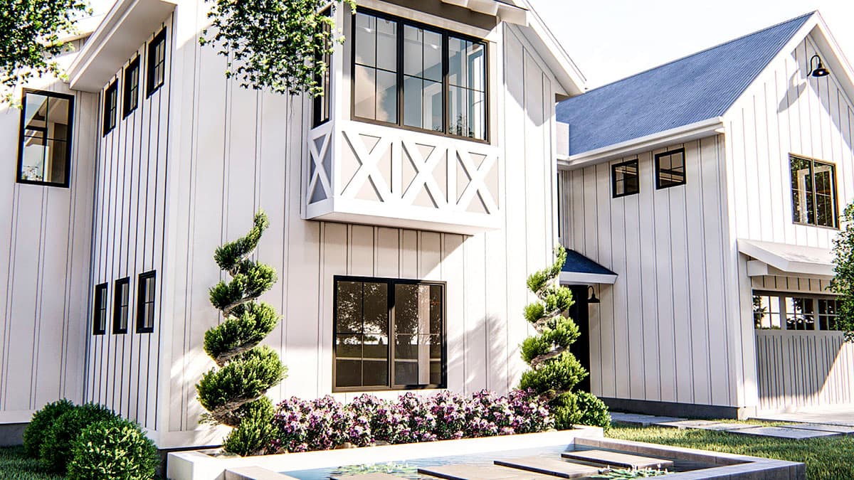 Modern Farmhouse house plan exterior with vertical siding, multiple gables, bay window with decorative X detail, and dark-framed windows.
