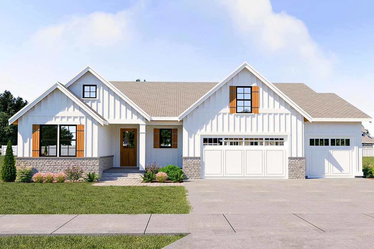Modern Farmhouse house plan exterior with board and batten siding, stone accents, gable dormers, and a three-car garage.