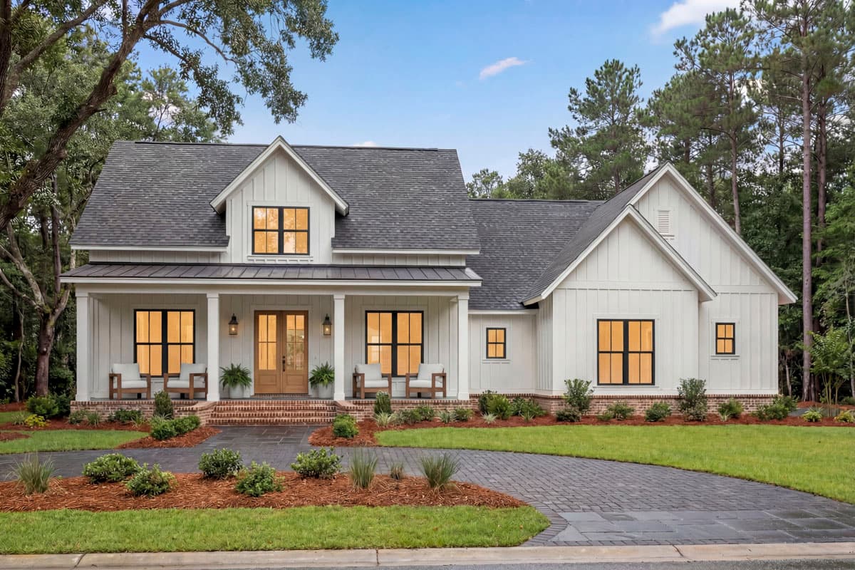 Modern Farmhouse house plan exterior with a covered porch, gables, board and batten siding, and a metal roof.