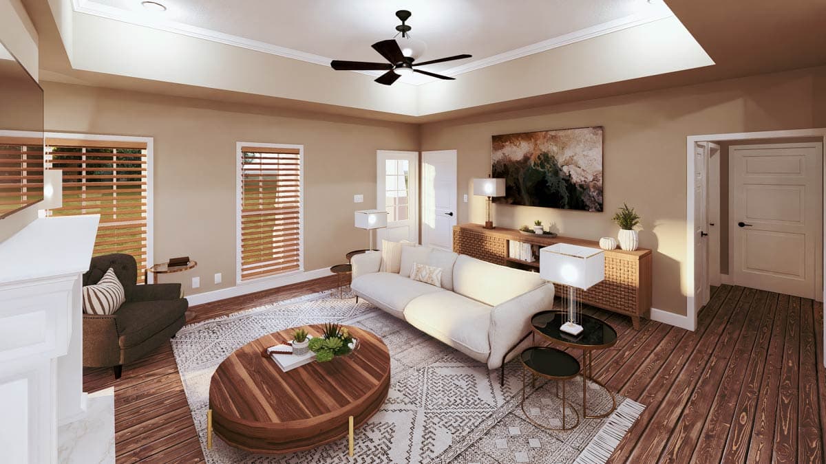 Interior rendering of a living room with a tray ceiling, fireplace, two windows with blinds, and a white sofa.
