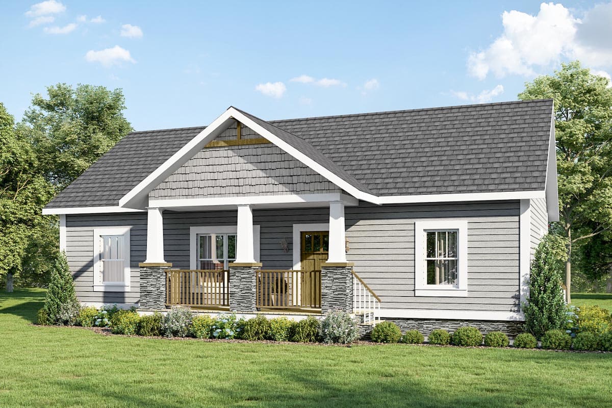 House plan exterior featuring a Craftsman-style design with a single story, front porch with columns, gabled roof, and stone-accented foundation.