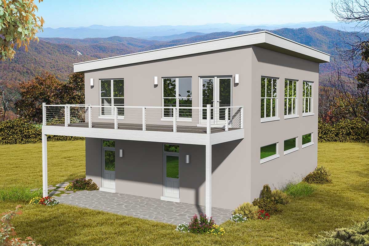 House plan exterior. Two-story Modern style with a flat roof. Features include a cantilevered deck with cable railing, and large windows.