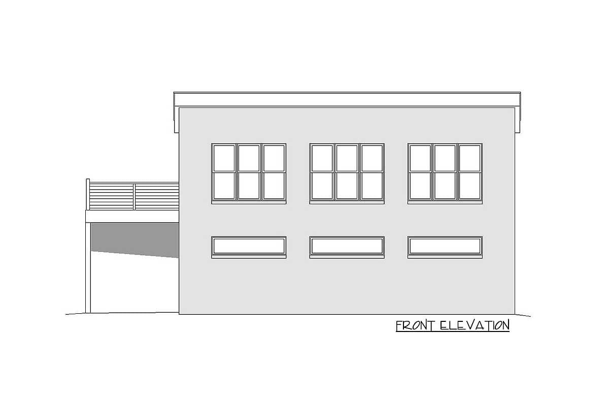 Front elevation drawing of a house plan showing two rows of windows and a deck above a covered area.