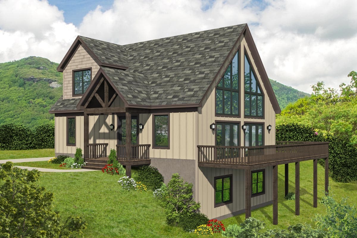 House plan exterior. Two-story home with a gabled roof, a covered porch with exposed beams, and a deck. Features large windows and a wood-tone trim.