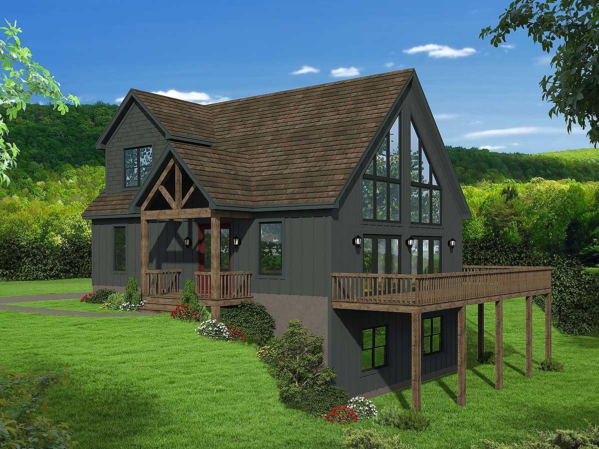 House plan exterior of a two-story home with a prominent gable, A-frame windows, covered porch, and wraparound deck.