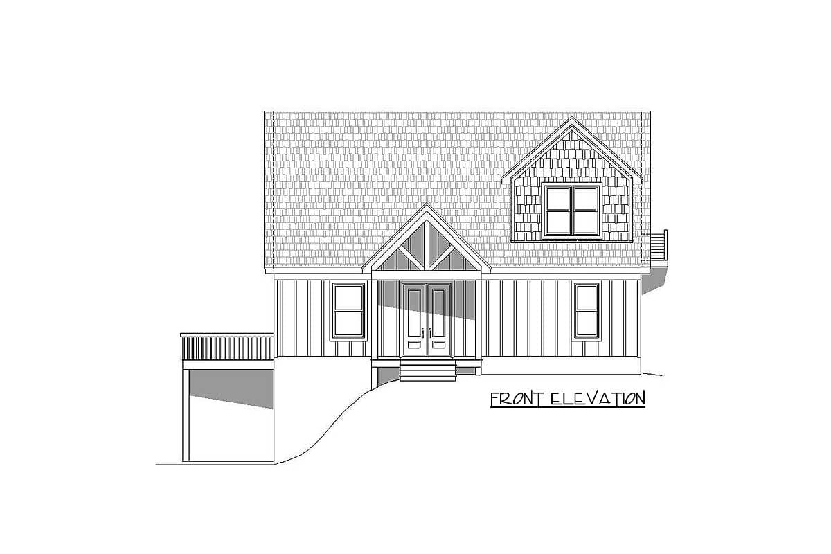 Front elevation drawing of a two-story house plan with a covered entry, gabled dormer, and side deck.
