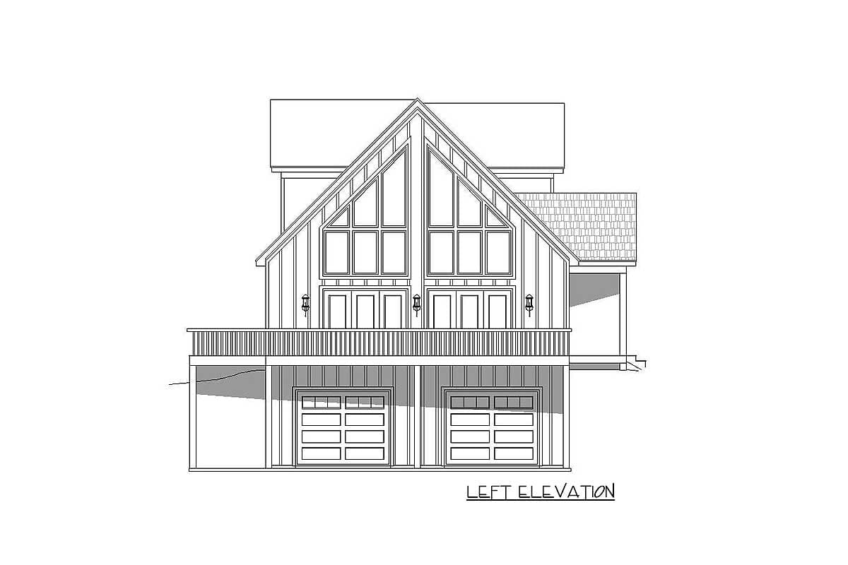 Left elevation house plan. Features gable roof, large upper windows, double doors, deck, and two-car garage.
