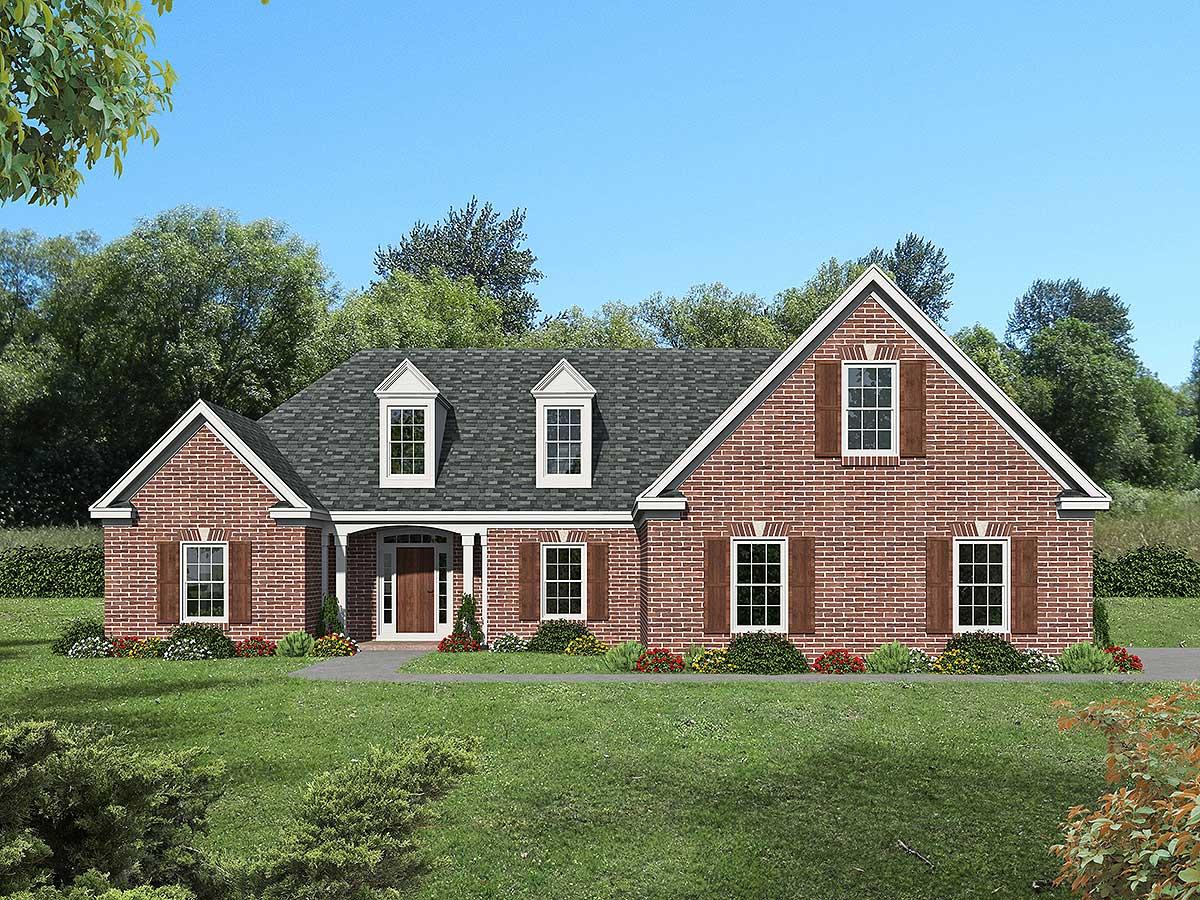 House plan exterior with brick facade, gable roof, and dormers. Features include a front porch and traditional shutters on the windows.