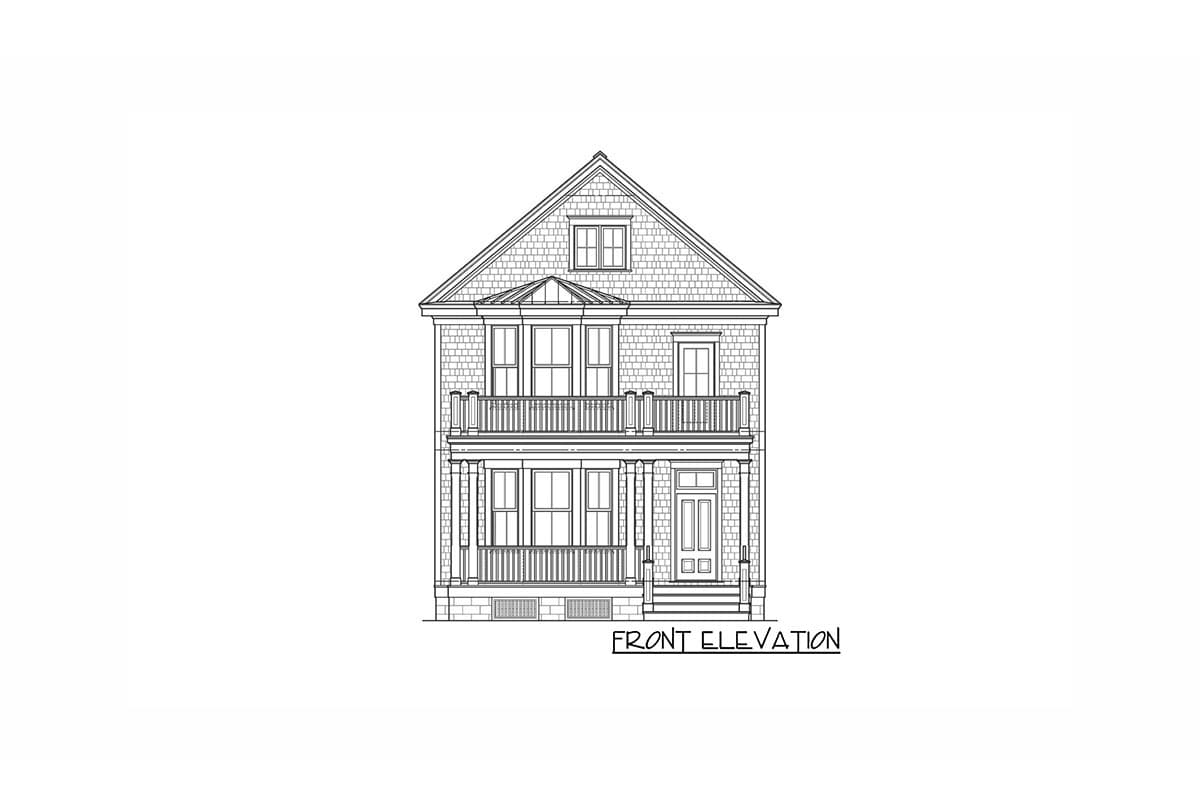Front elevation drawing of a two-story house with a gambrel roof, bay windows, and a full-width porch.