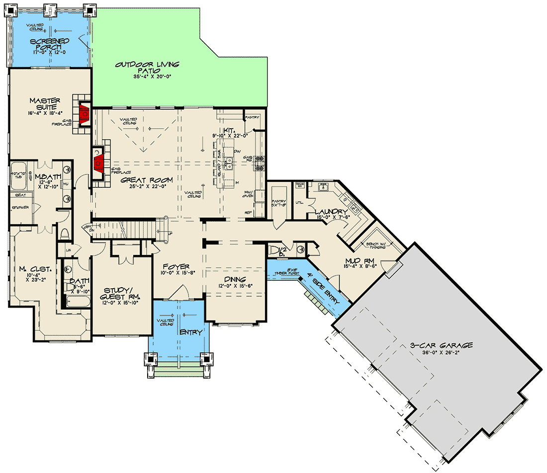 Plan 70631SND: Spacious New American Farmhouse Plan with Angled 3-Car Garage - 4140 Sq Ft - Floor Plan - Main Level - Country, Craftsman, Farmhouse, Modern Farmhouse, New American