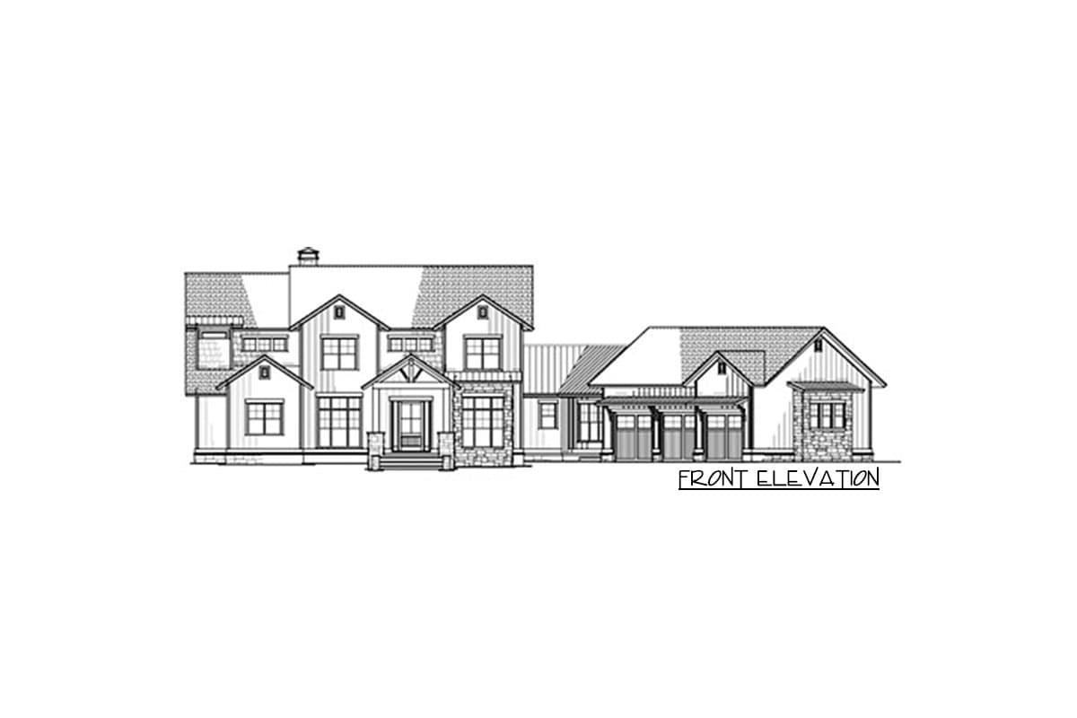 Front elevation drawing of a two-story house plan with a prominent gable, covered entry, and attached three-car garage.