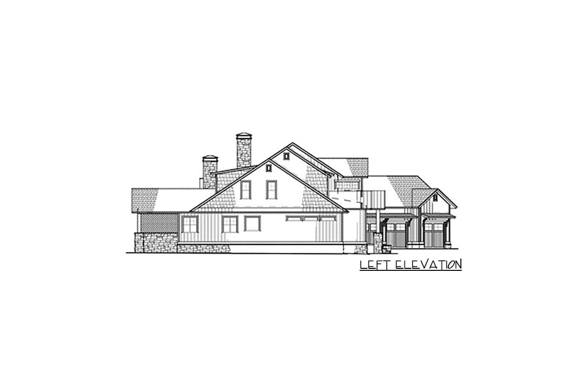 Left elevation drawing of a two-story house plan with multiple gables, stone foundation, and two chimneys.