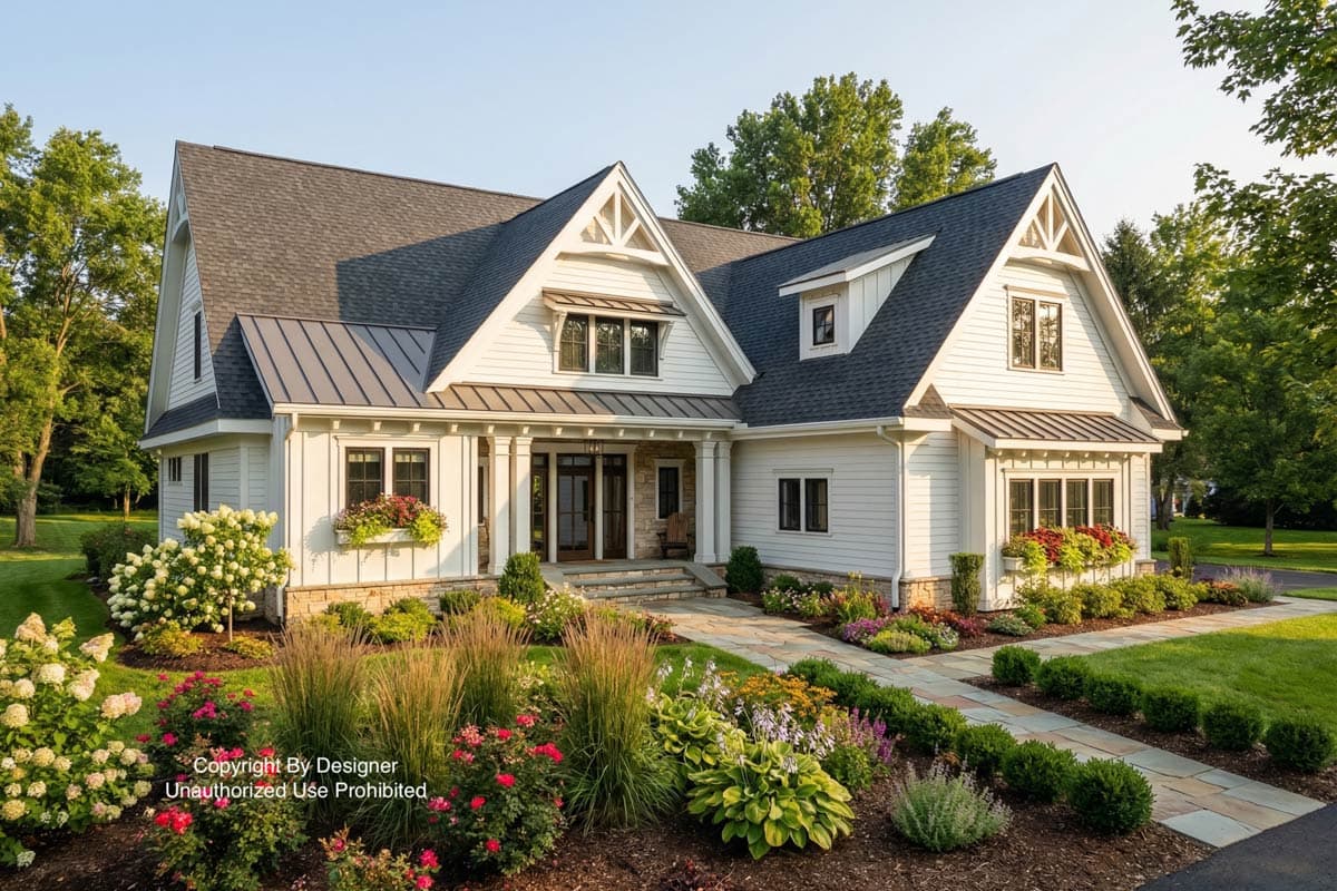 A white house with a dark gray roof features a manicured garden with a stone pathway, flanked by colorful flowers and green shrubs.