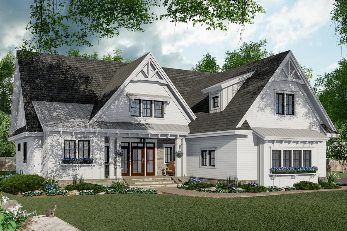 House plan exterior with Modern Farmhouse style, prominent gables, and a covered front porch with stone accents.