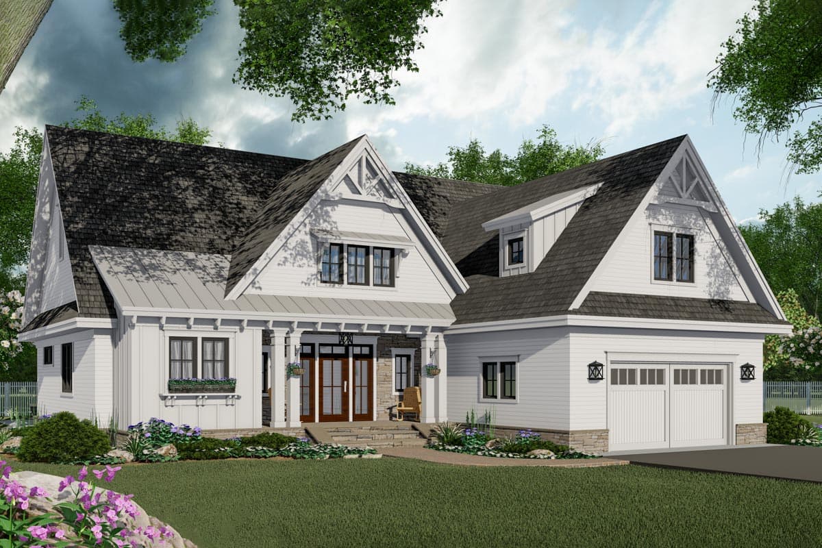 House plan exterior: Modern Farmhouse style, 1.5 stories, with covered front porch, dual gables, and a two-car garage.