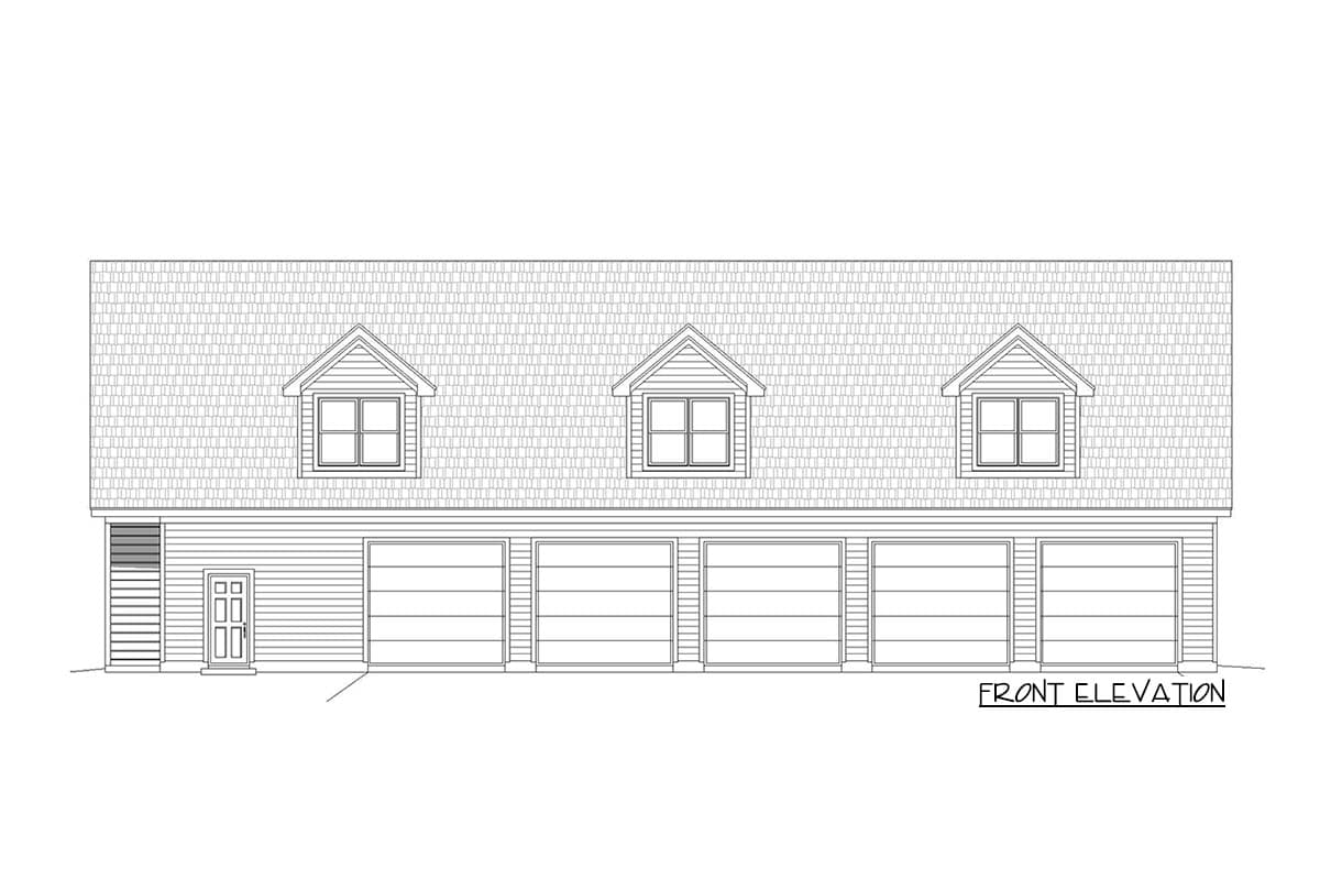 Front elevation drawing of a building with a steeply pitched roof, three dormer windows, and six garage bays.