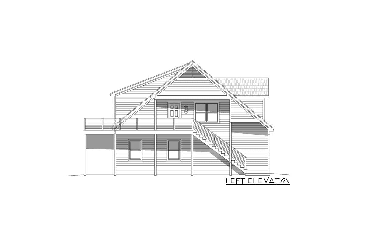 Left elevation drawing of a two-story house plan with a deck, exterior stairs, and gabled roof.