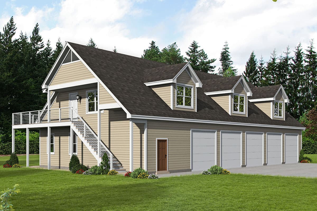House plan exterior. Two-story structure with gable roof, three dormers, and attached garage. Includes a balcony with stairs.