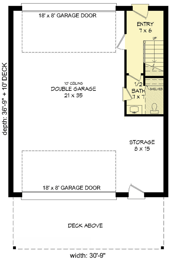 Plan 68627VR: Expanded Modern Carriage House Plan with Sun Deck - 1309 Sq Ft - Floor Plan - Main Level - Southern, Traditional