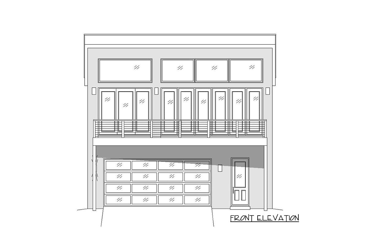 Front elevation drawing of a two-story modern house plan featuring a garage, balcony, and large windows.