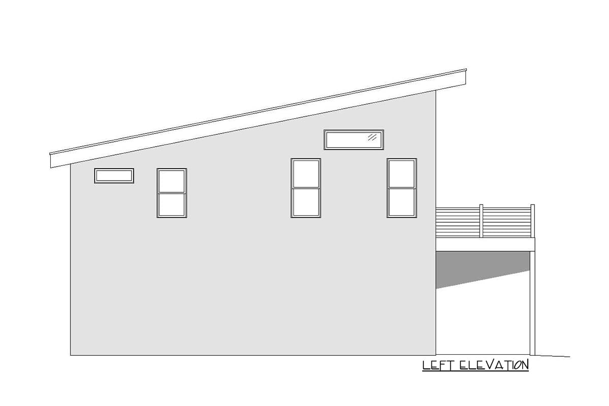 Left elevation drawing of a house with a sloped roof, multiple windows, and a deck.