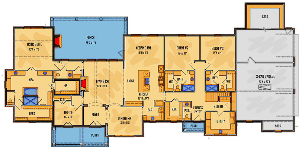 Plan 510108WDY: Roomy 4-Bed House Plan with Split Bedrooms - Floor Plan - Main Level - Acadian, French Country, Louisiana-Style, Southern