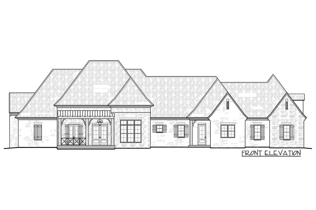 Front elevation drawing of a one-story house with a prominent hip roof, covered porch with columns, and multiple gables.