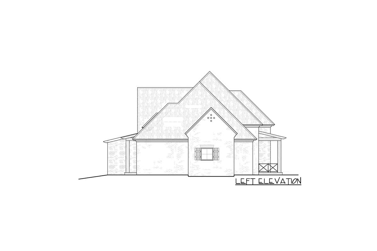 House plan left elevation drawing shows a brick structure with multiple gables, a dormer, and a covered porch with decorative supports.