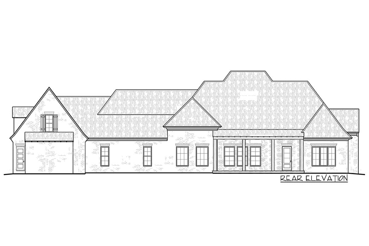 Rear elevation house plan with brick detailing, multiple gables, and a covered porch.