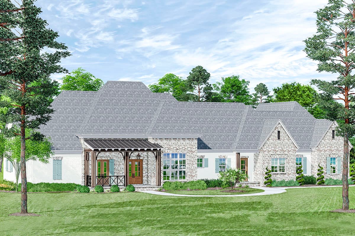 House plan exterior. One-story house with a brick and painted brick facade, gable roof, covered porch, and window shutters.