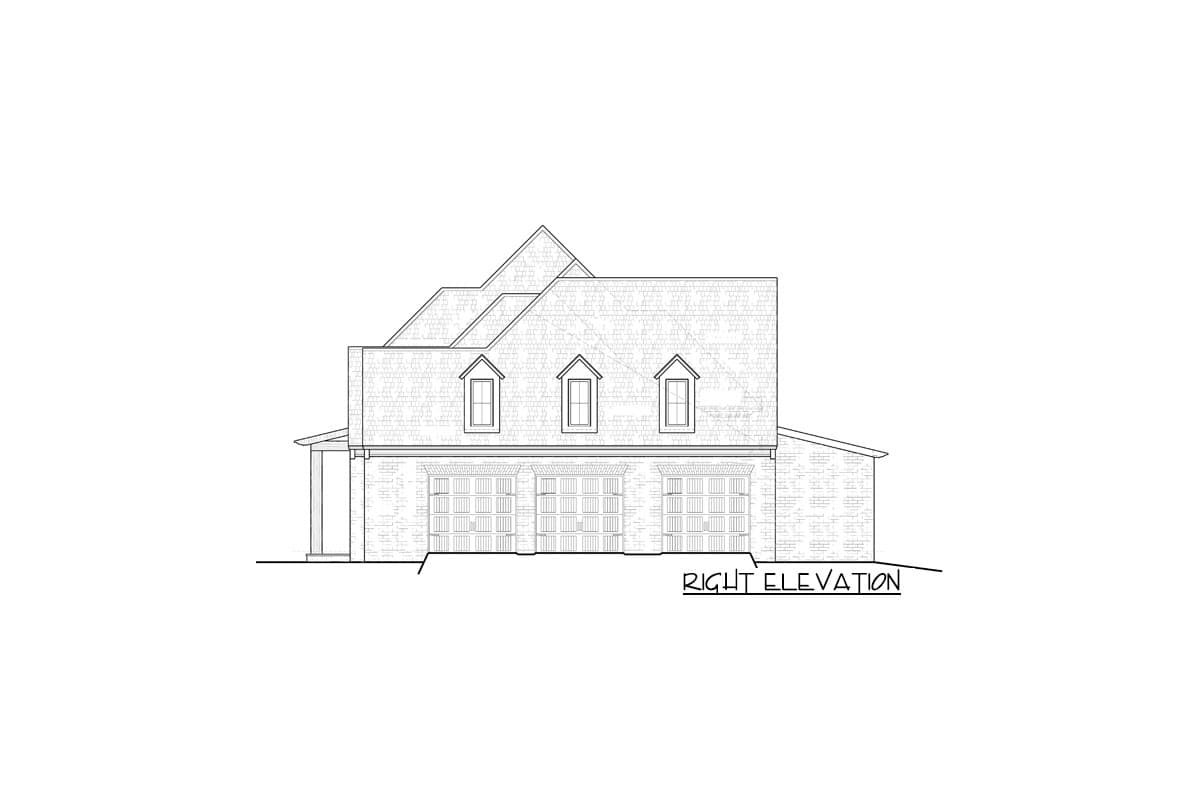 Right elevation house plan showing three garage doors, dormer windows, and multi-level rooflines.