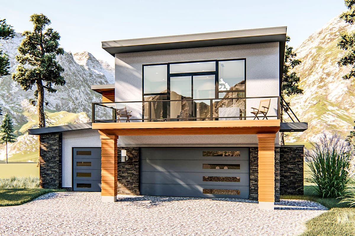 House plan exterior with modern design. Features a second-story balcony, flat roof, and garage with a stone veneer accent. Two stories.