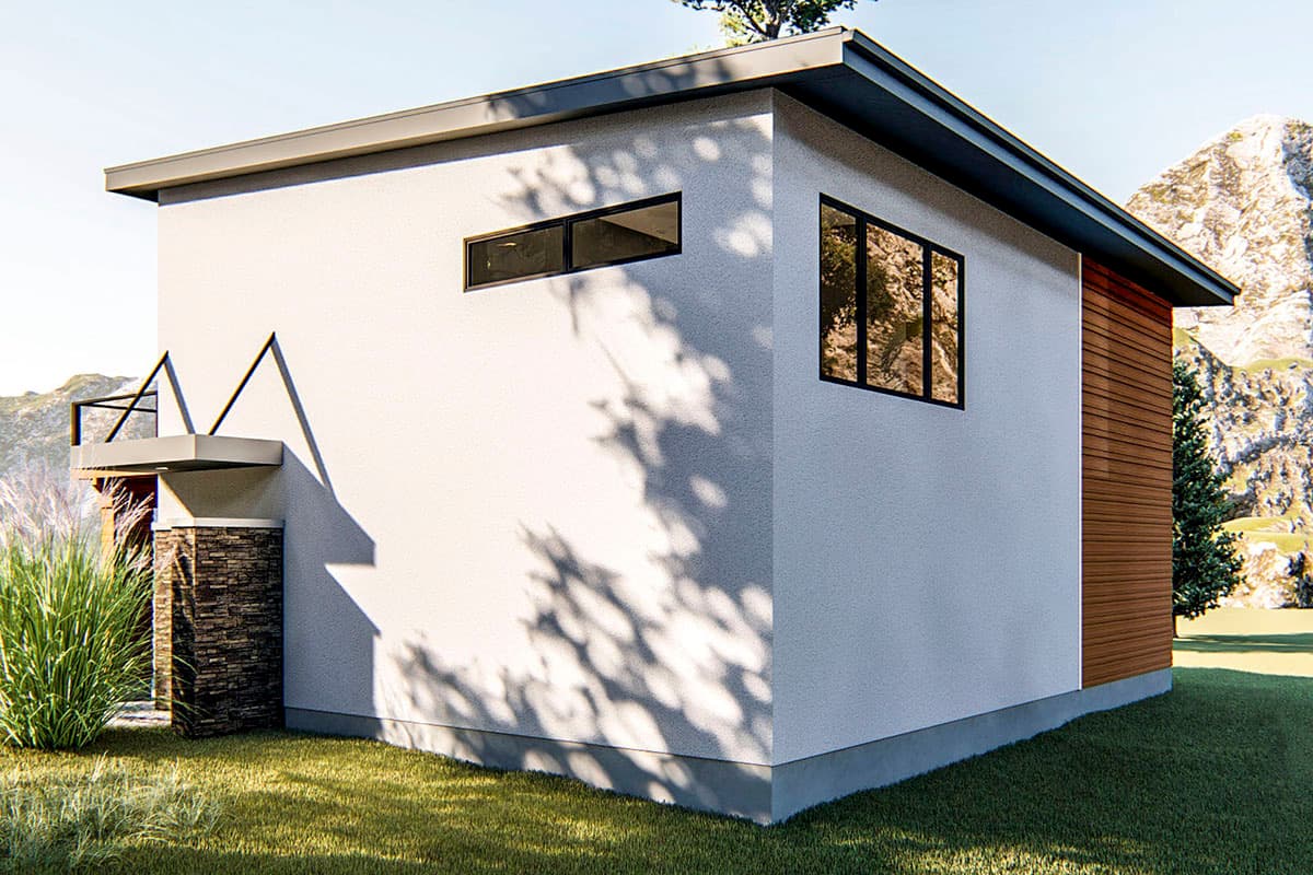 Modern house plan exterior, one story, with a cantilevered entrance, horizontal wood siding, and horizontal windows.