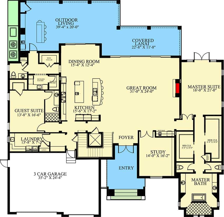 Plan 24120BG: Two-Story Coastal Contemporary House Plan with First Floor Master Suite - 5808 Sq Ft - Floor Plan - Main Level - Coastal, Contemporary, European, Florida-Style, Southern, Transitional, Vacation