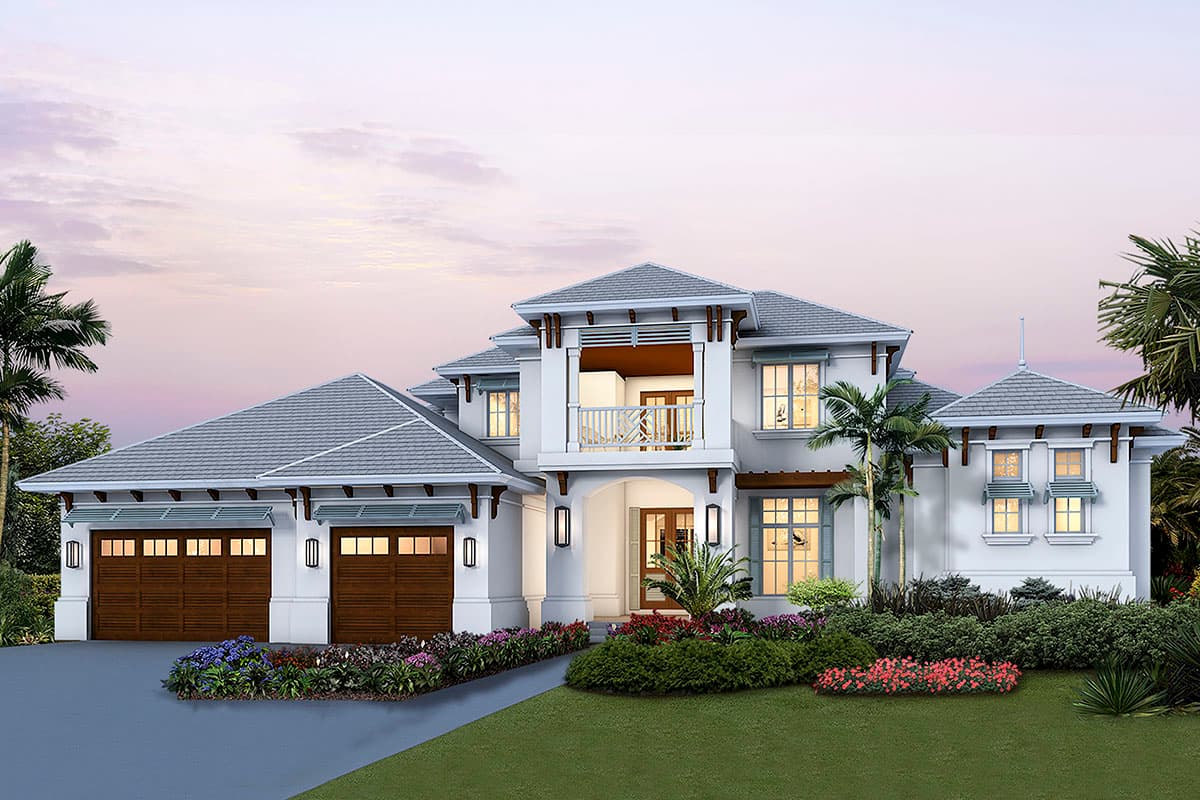 House plan exterior. Two-story Mediterranean style with a balcony, gabled roof, dormers, and two-car garage.