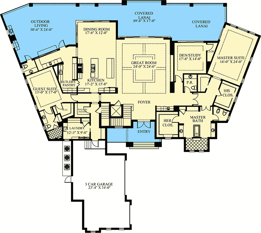 Plan 24123BG: Spacious Two-story Beach House for Indoor / Outdoor Lifestyle - Floor Plan - Main Level - Coastal, Contemporary, Florida-Style, Vacation