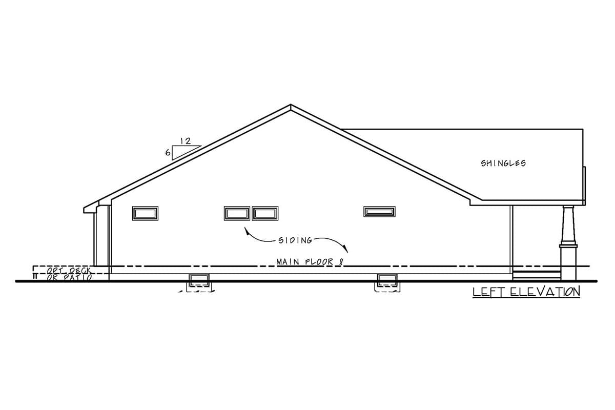 Left elevation drawing of a house plan showing a steeply pitched roof, siding, windows, and an optional deck or patio.