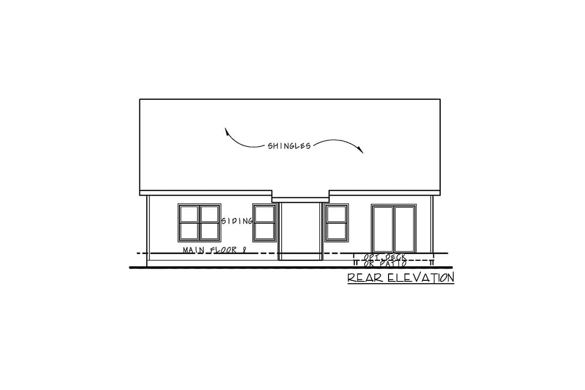 Rear elevation drawing of a house plan showing siding, windows, and an optional deck or patio.