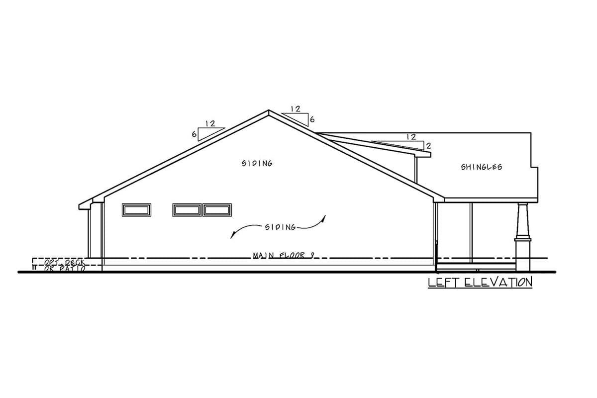 Left elevation house plan showing siding, shingles, main floor line, optional deck or patio, and roof pitches.