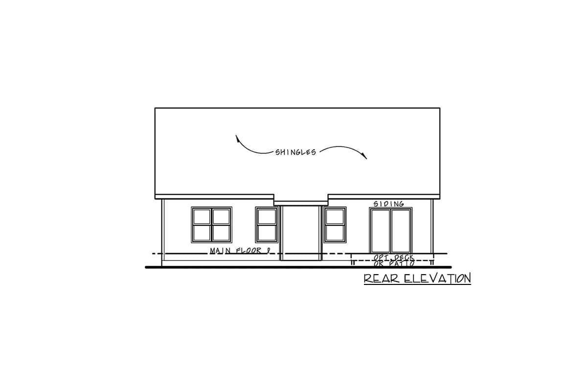 Rear elevation drawing of a house plan showing siding, shingles, and optional deck or patio.