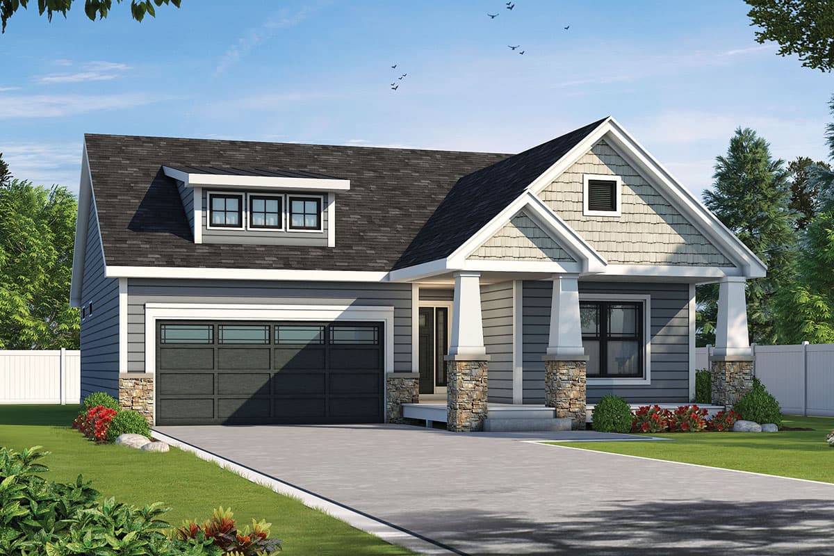 House plan exterior. Craftsman-style, one-story home with a gabled roof, dormers, and a covered porch. Attached garage has glass panel detailing.